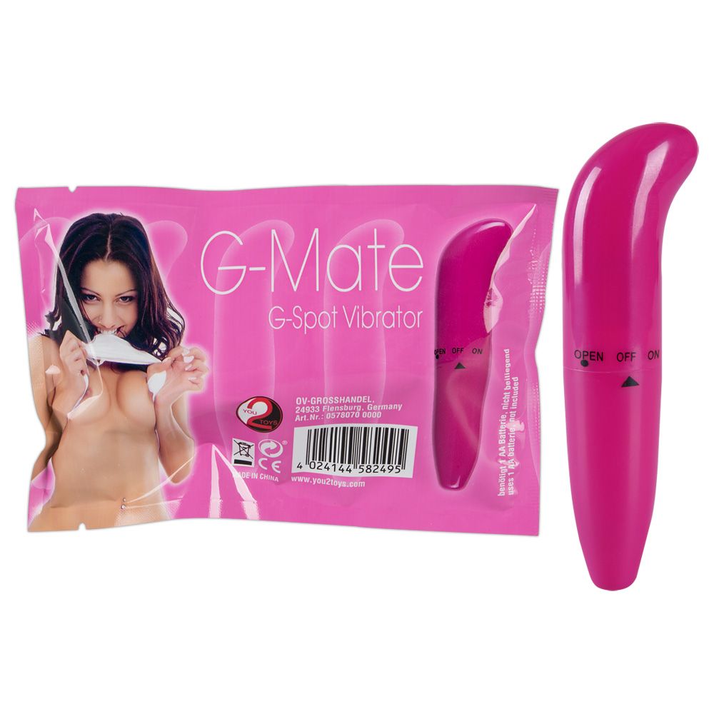 Vibratore rosa e confezione. Sulla confezione è scritto G-Mate G-Spot Vibrator. Sul vibratore sono indicati OFF e ON.