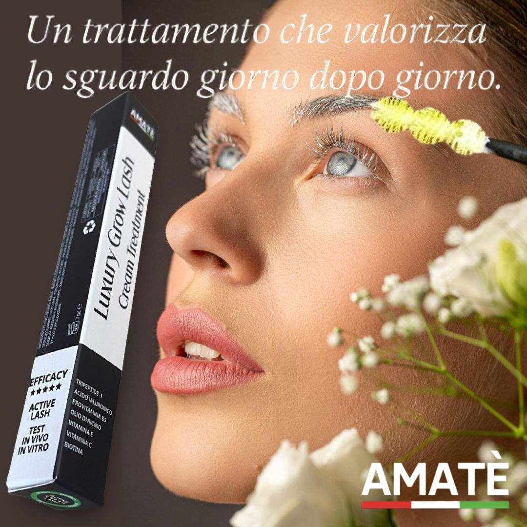 Amatè Luxury Grow Lash Cream Treatment. Donna con trattamento ciglia e sopracciglia. Prodotto e applicatore visibili.
