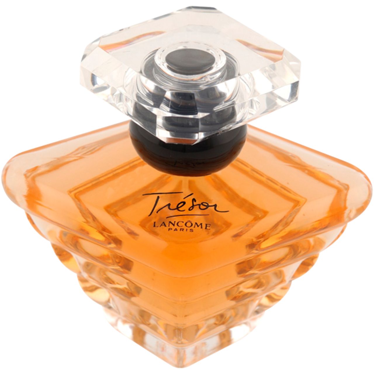 Flacone di profumo quadrato, vetro ambrato, tappo trasparente. Scritta: Trésor, Lancôme Paris.