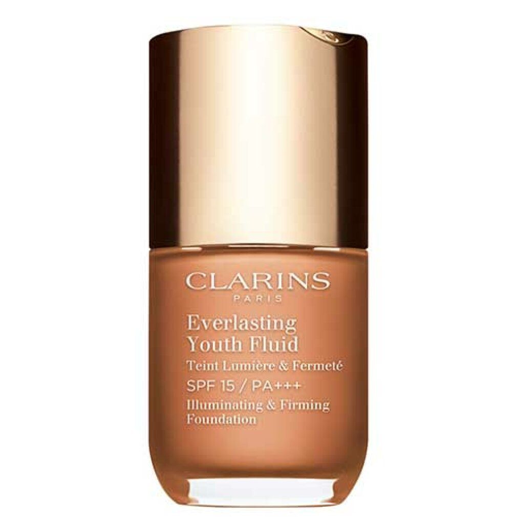 Flacone EVERLASTING YOUTH di Clarins. Flacone marrone con tappo dorato. Testo: Everlasting Youth Fluid, SPF 15/PA+++.
