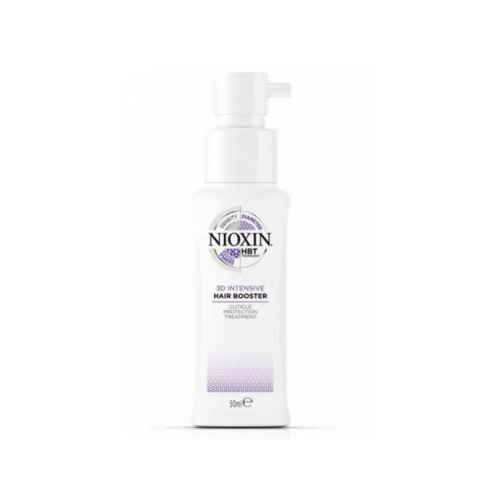 Flacone bianco con pompa. Scritta: Nioxin HBT 3D Intensive Hair Booster.