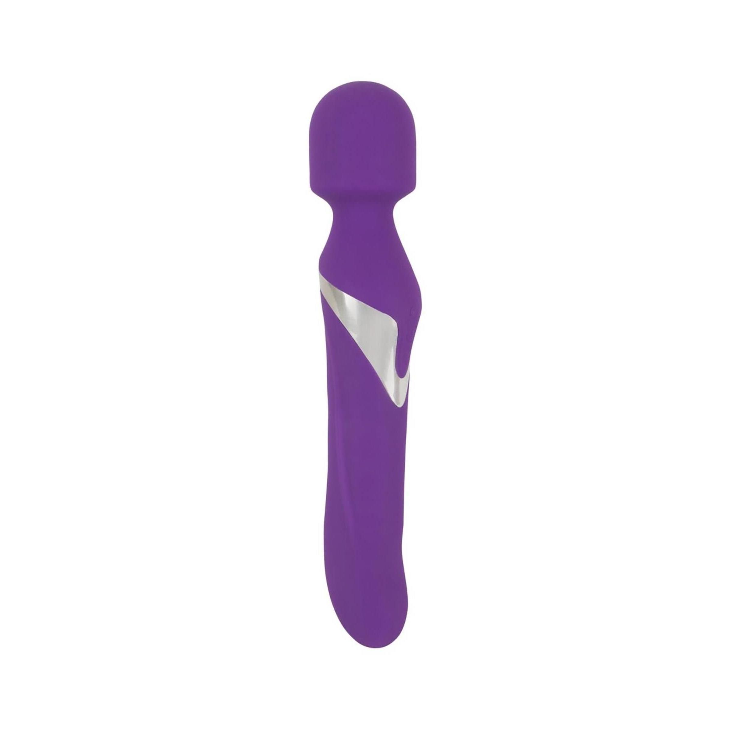 Massaggiatore viola con dettaglio argento. Forma ergonomica, testa arrotondata e manico curvo.
