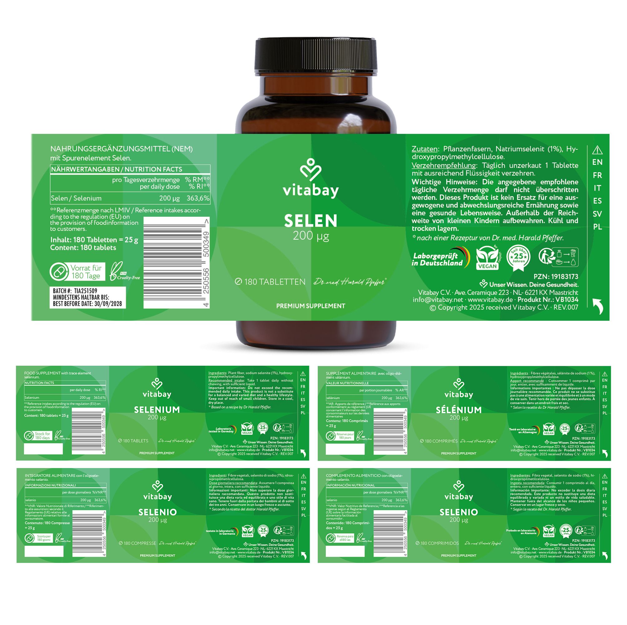 Flacone di vetro marrone con scritta verde: Selenio 200 µg. Etichetta con informazioni. Testo: 180 compresse. Marchio: Vitabay.