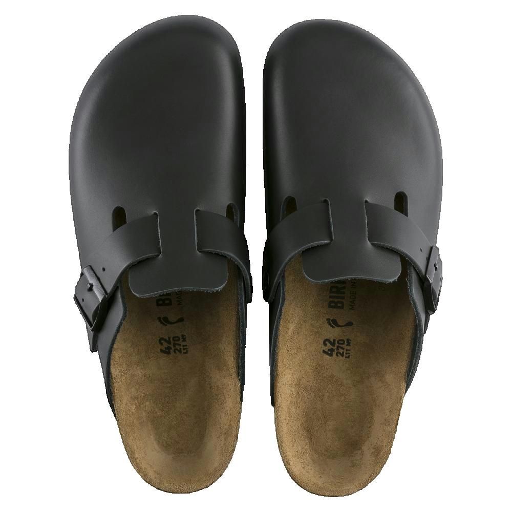 Paio di zoccoli neri. Vista dall'alto. Taglia 42 visibile. Plantare in sughero.