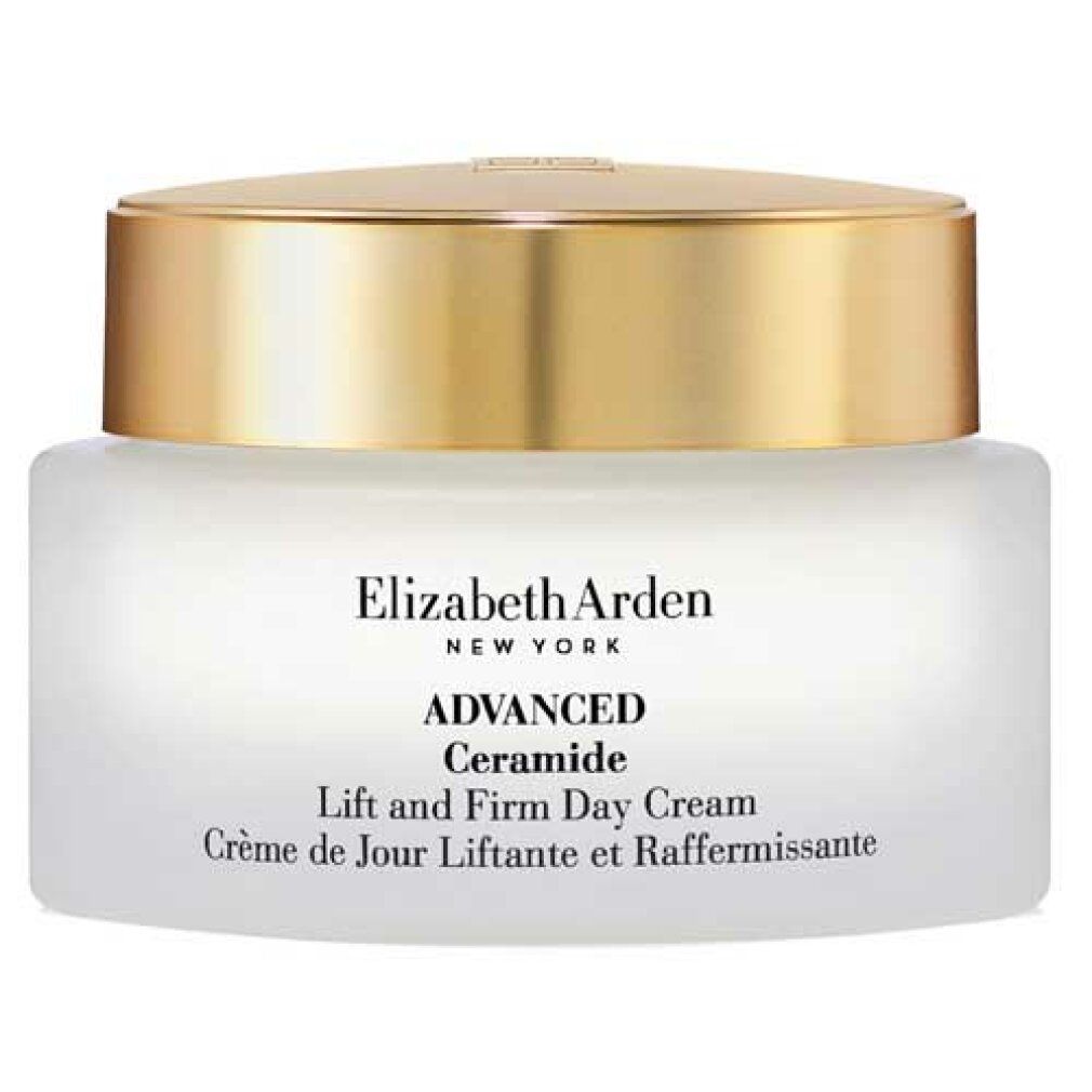 Vasetto di crema con coperchio dorato. Elizabeth Arden, Advanced Ceramide, Lift and Firm Day Cream.