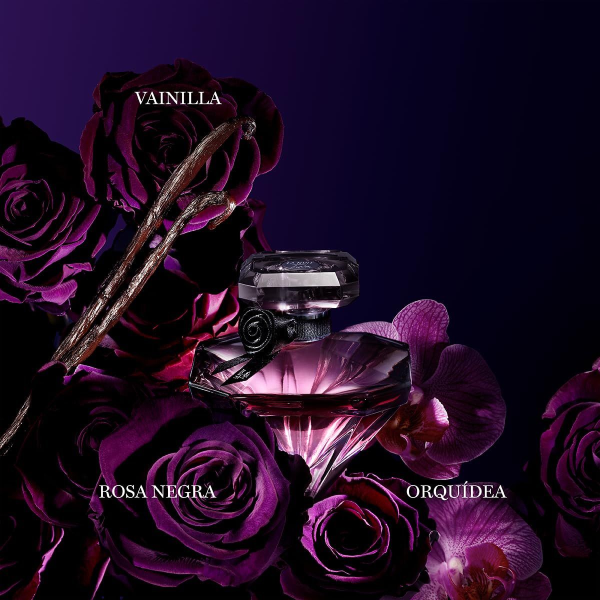 Flacone di profumo circondato da rose e orchidee. Scritte: Vainilla, Rosa Negra, Orquídea.