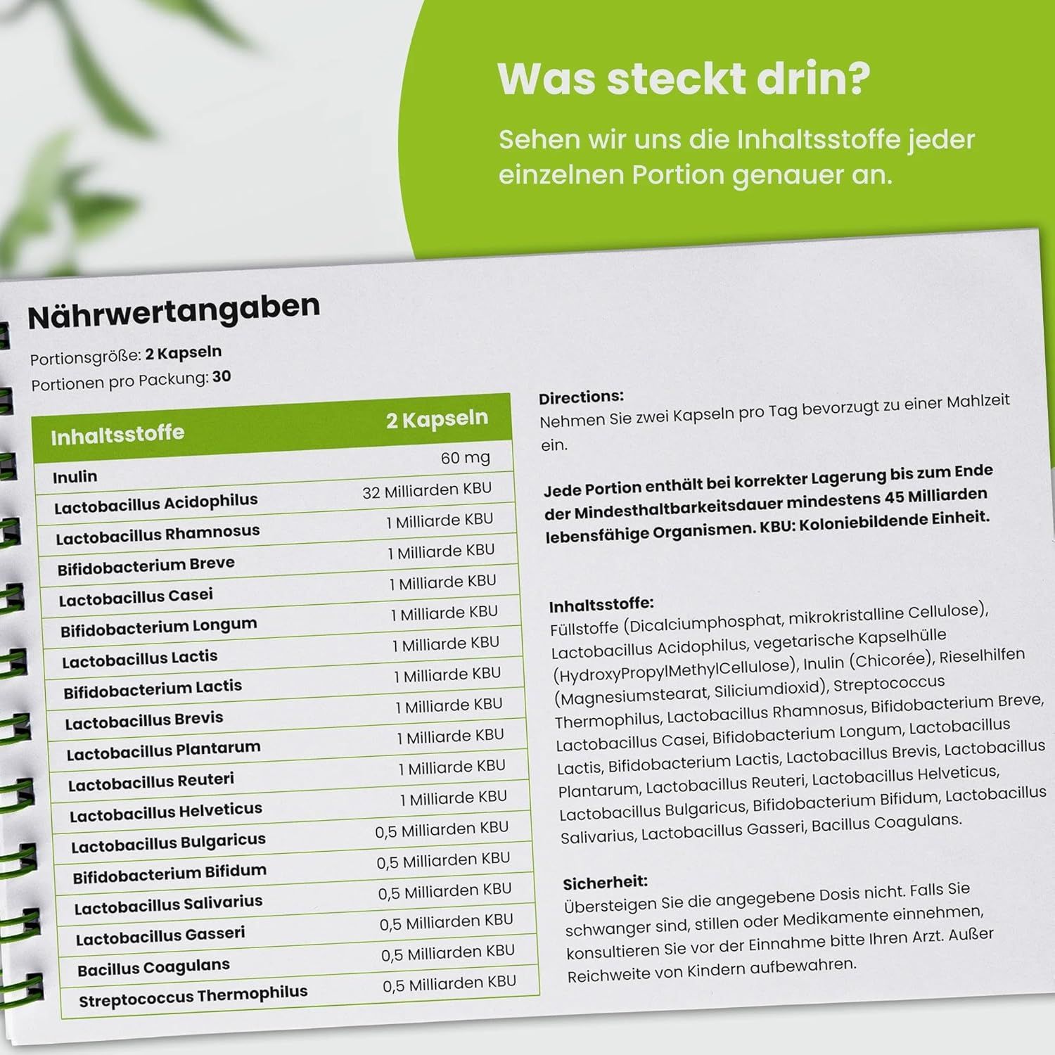 Tabella nutrizionale di VitaBright Kulturkomplex. Contiene inulina e 17 ceppi batterici. 2 capsule per porzione.