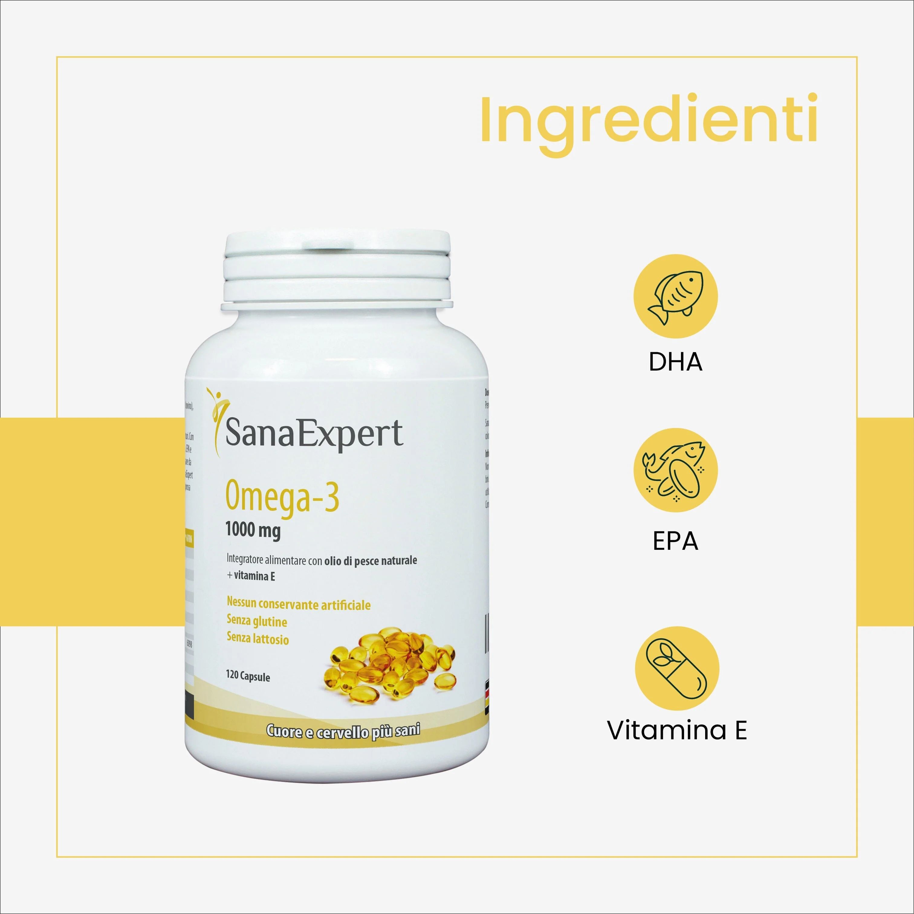Bottiglia SanaExpert Omega-3 con ingredienti: DHA, EPA, Vitamina E. Sfondo giallo.