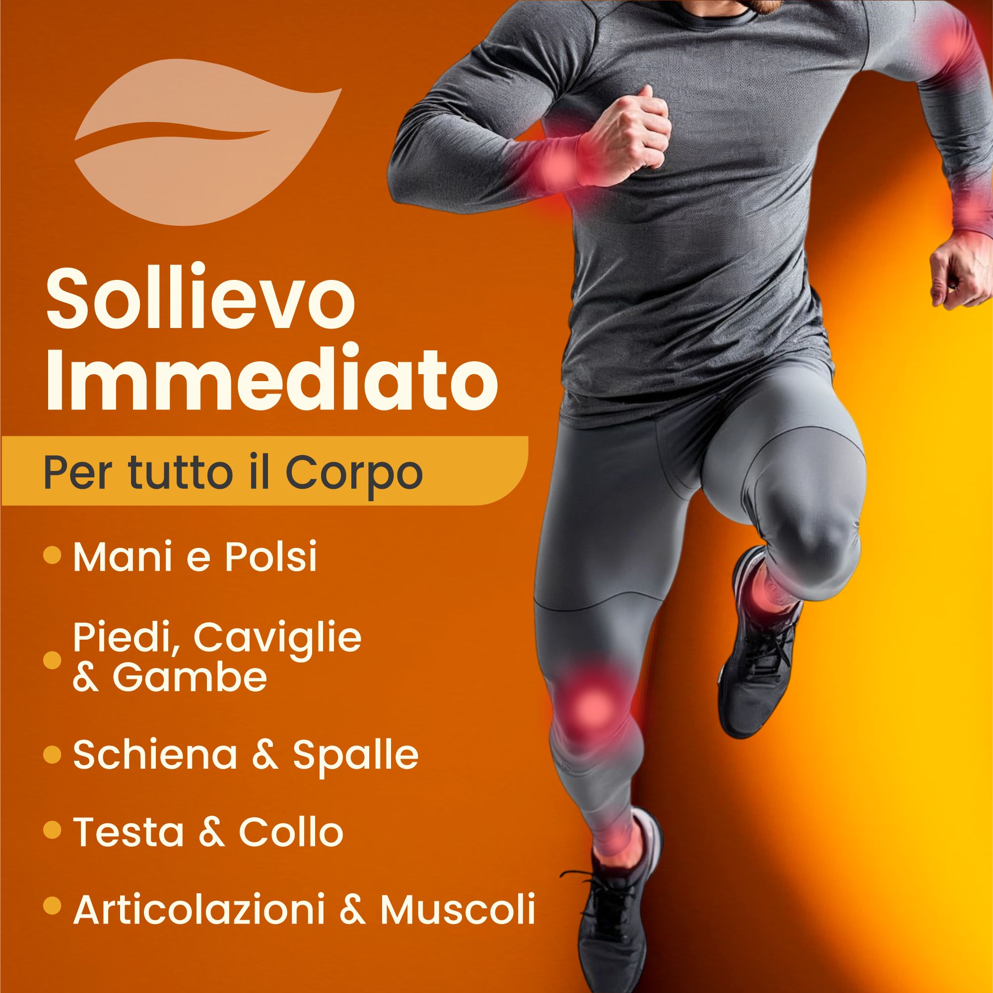 Atleta che corre. Evidenziate mani, polsi, piedi, caviglie, gambe, schiena, spalle, testa, collo, articolazioni e muscoli.