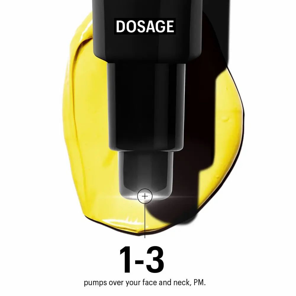 Tubo nero con crema gialla. Testo: DOSAGGIO. 1-3 erogazioni su viso e collo, PM.