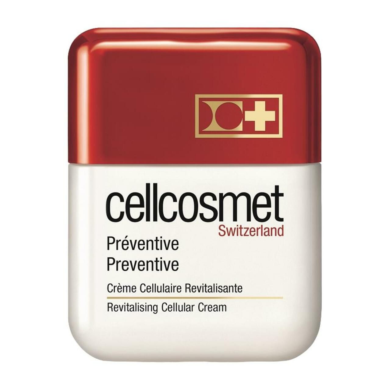 Vasetto bianco con coperchio rosso. Scritta: cellcosmet, Preventive, Crème Cellulaire Revitalisante. Logo dorato.