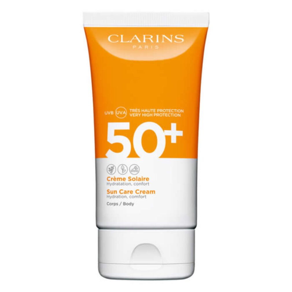 Tubo Clarins Crème Solaire Corps UVA/UVB 50+. Arancione e bianco. Testo: 50+, Crème Solaire, Sun Care Cream. Per il corpo.