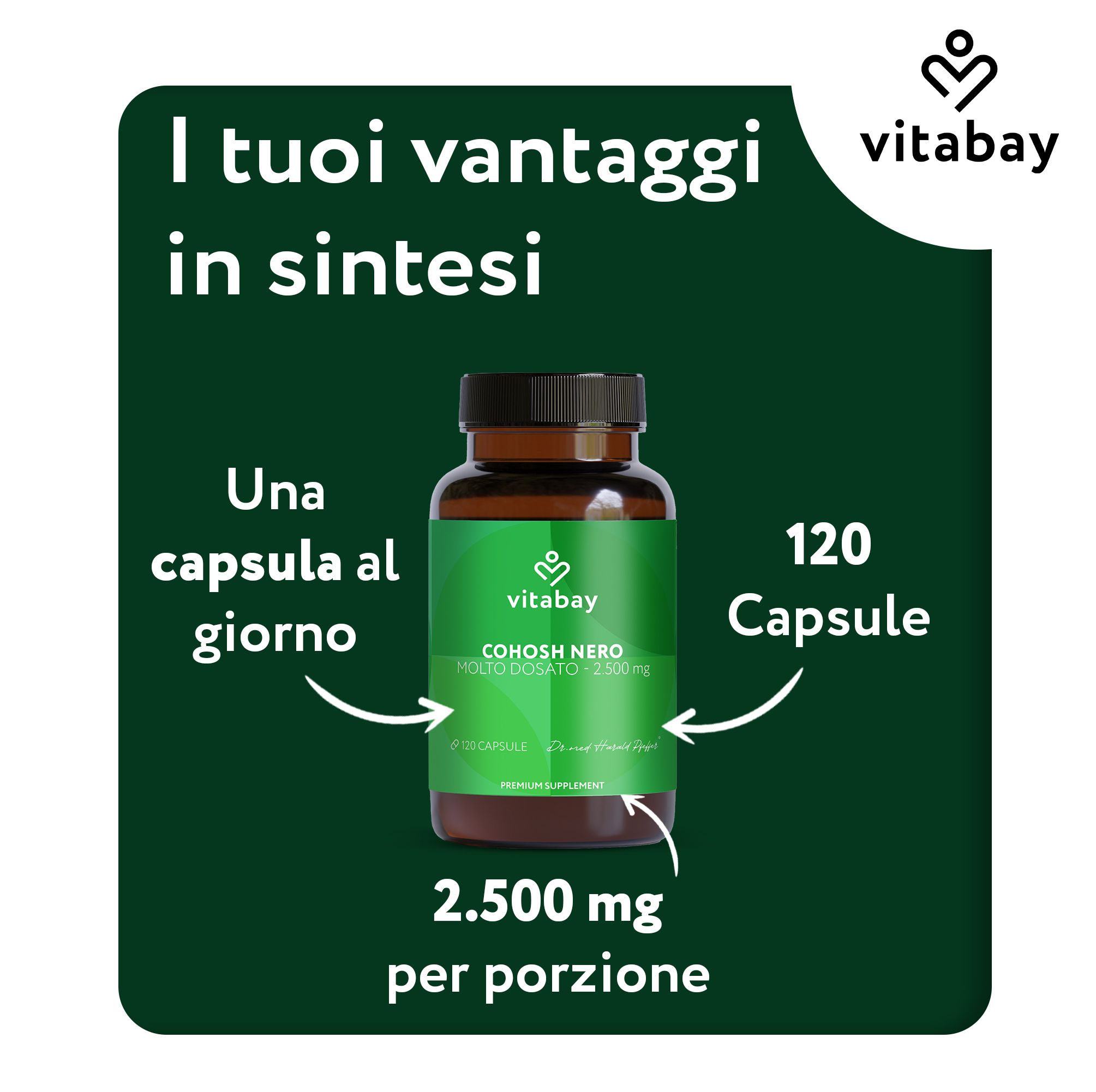 Bottiglia Vitabay Cohosh Nero, 120 capsule, 2.500 mg per porzione.