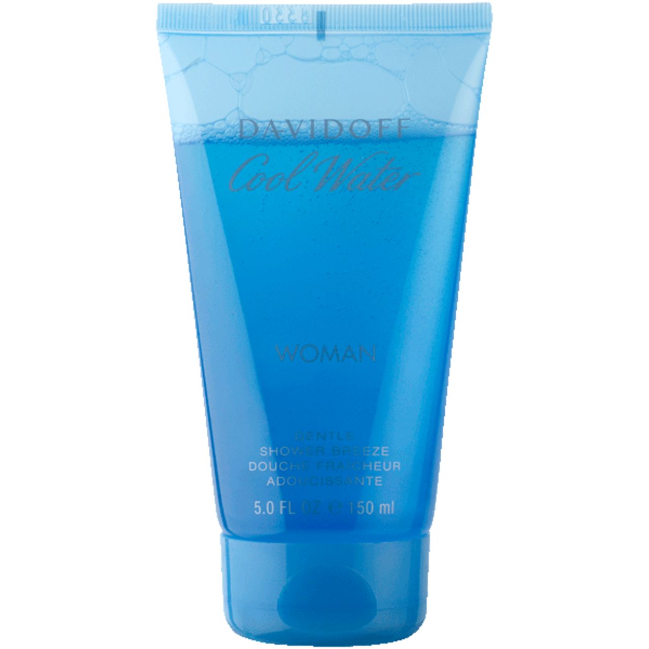 Tubo di gel doccia blu. Scritta: Davidoff Cool Water Woman, Gentle Shower Breeze. 150 ml.