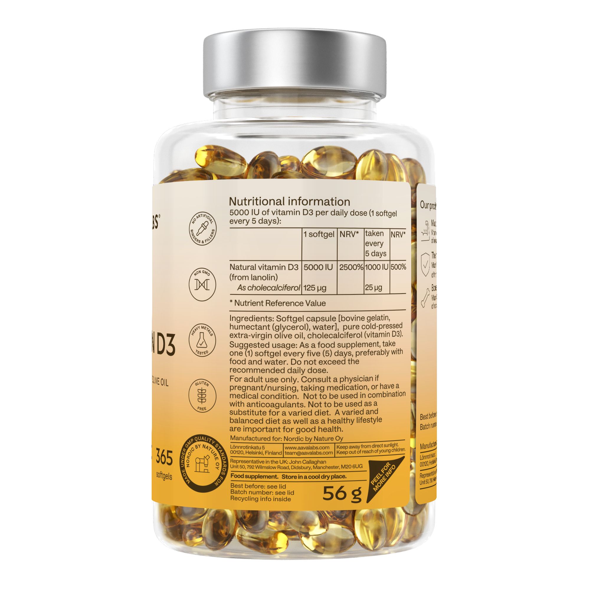 Retro di un flacone di capsule di vitamina D3. Etichetta con informazioni nutrizionali e ingredienti.