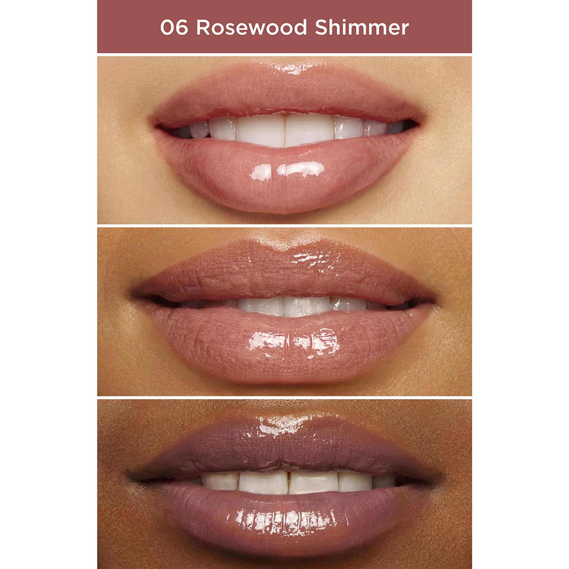 Tre esempi di labbra lucide. In alto: 06 Rosewood Shimmer. Diverse tonalità della pelle.