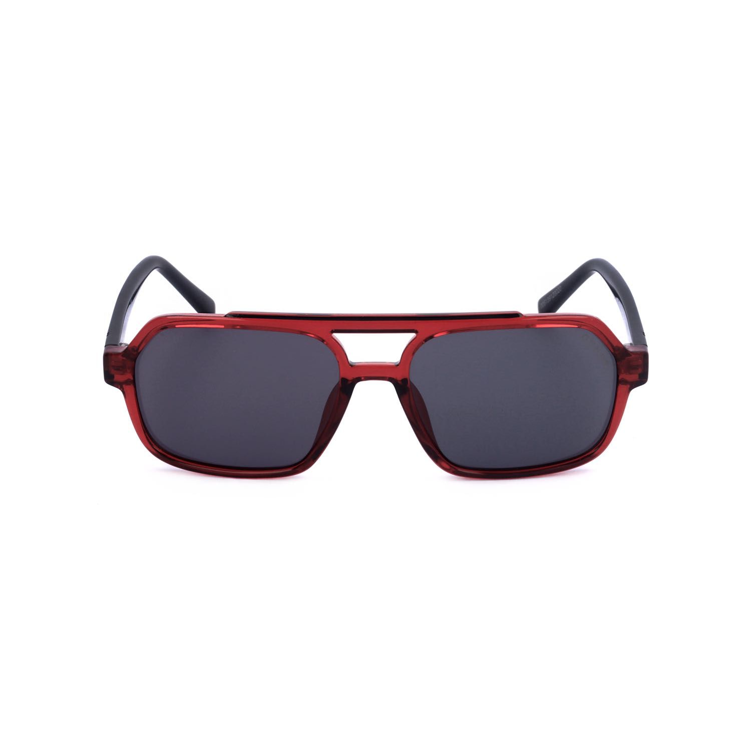 Occhiali da sole stile aviatore rosso-marrone con lenti scure e aste nere.