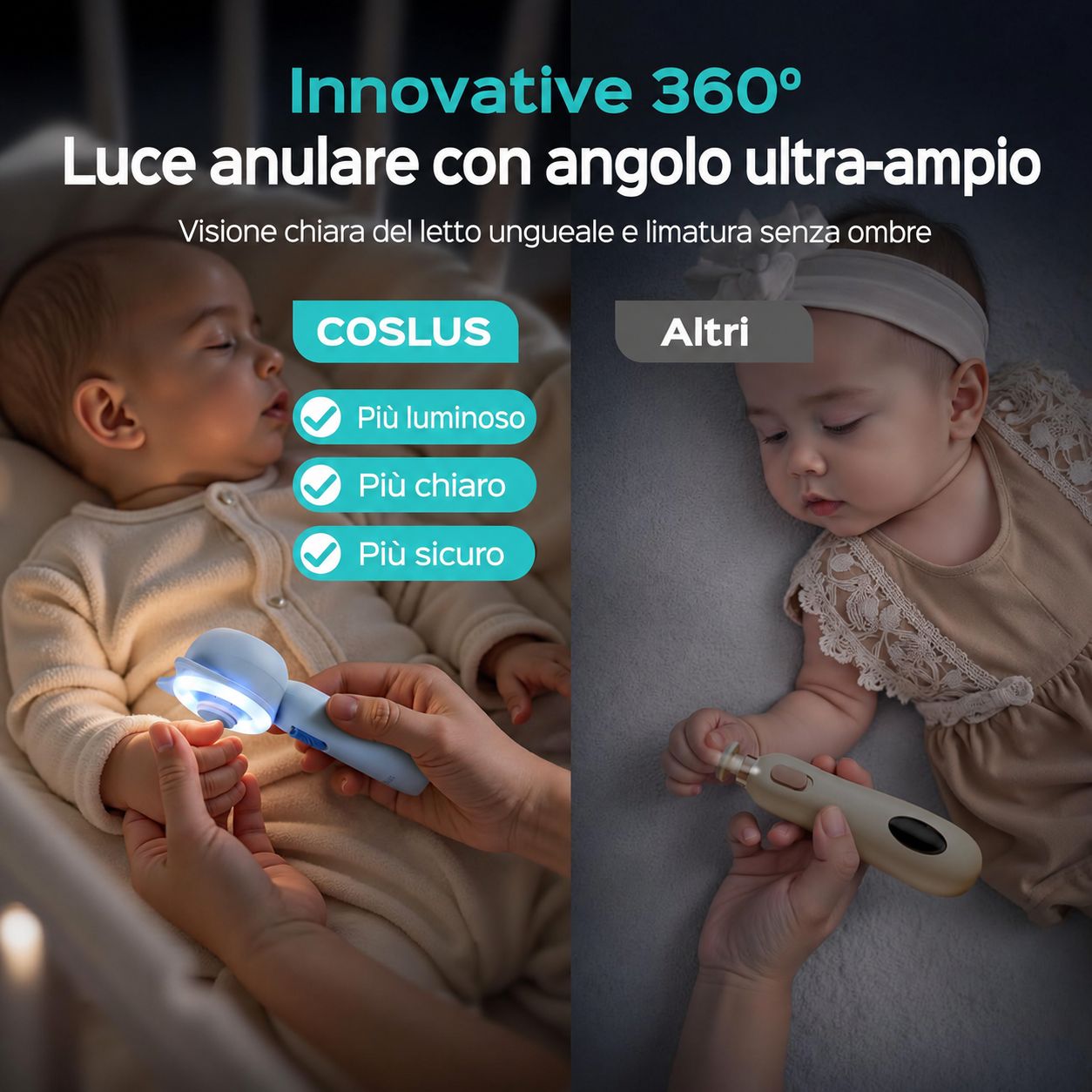Set per la cura delle unghie per bambini. Dispositivo blu con luce, in uso. Confronto con altro dispositivo. Testo: COSLUS, più luminoso, più sicuro.