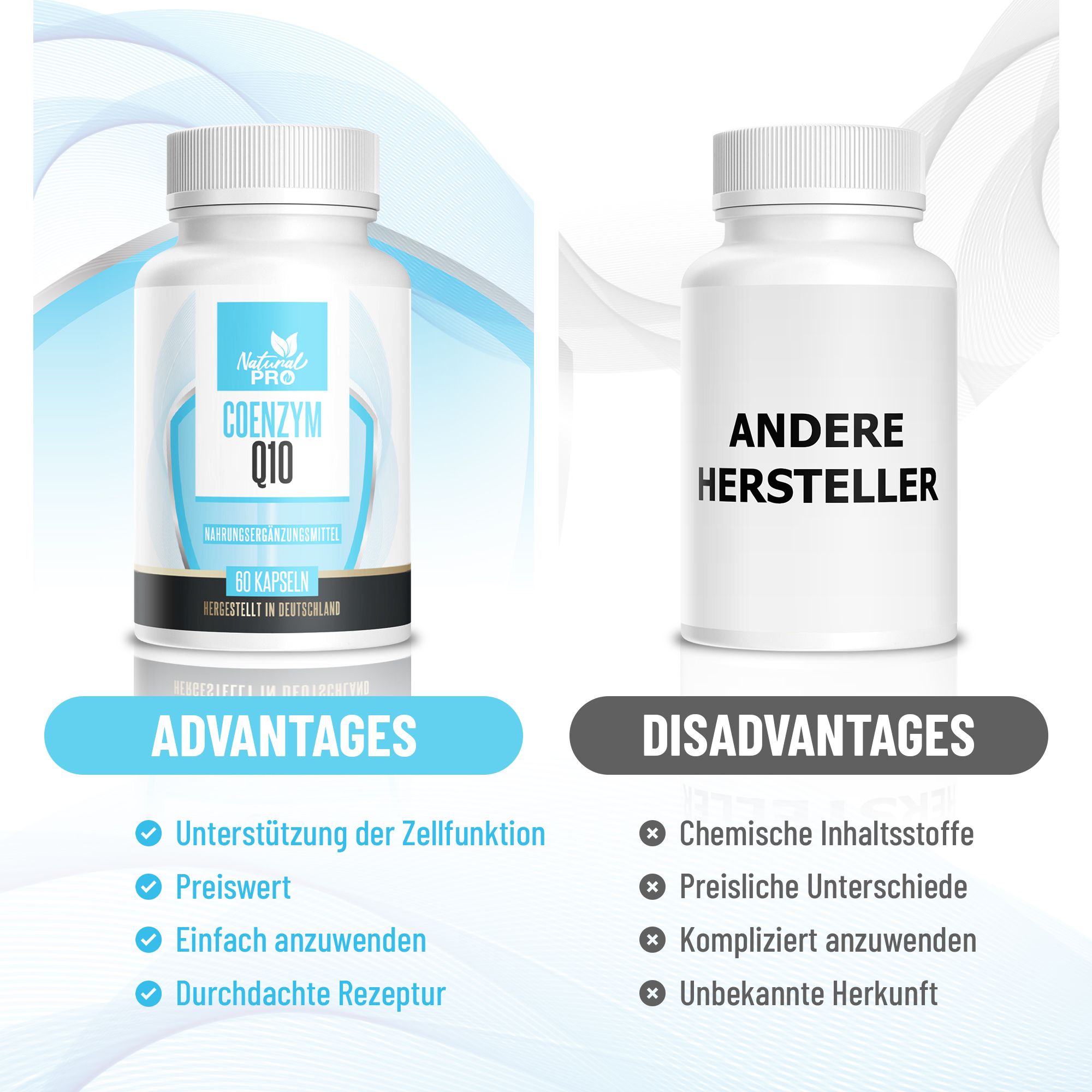 Confronto: Vantaggi vs. Svantaggi. A sinistra: flacone con etichetta. A destra: flacone senza etichetta. Testo comparativo.