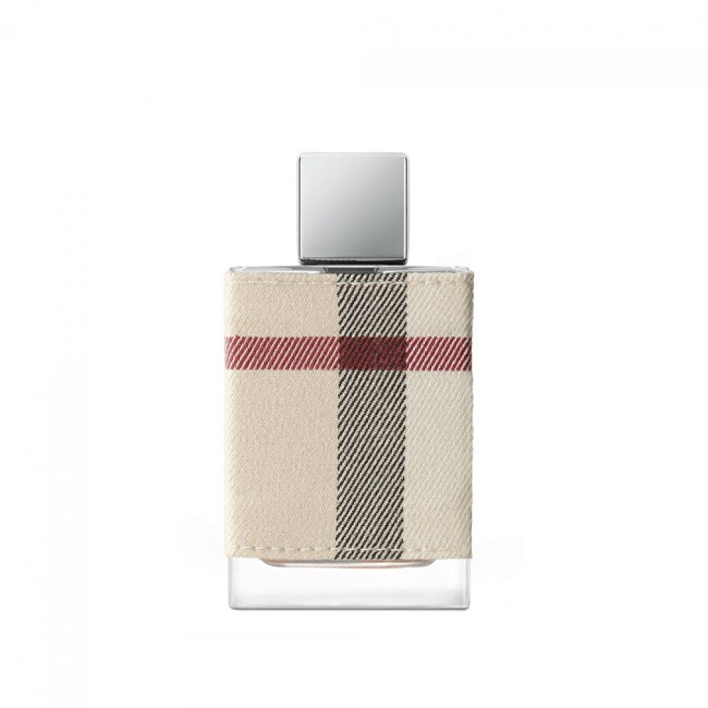 Flacone Burberry London Eau de Parfum. Quadrato, motivo Burberry. Tappo argentato.