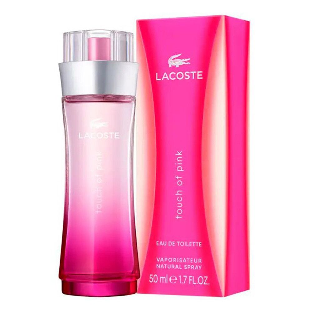 Flacone rosa Lacoste Touch of Pink con tappo argento. Scatola rosa con logo e testo. Vaporizzatore.