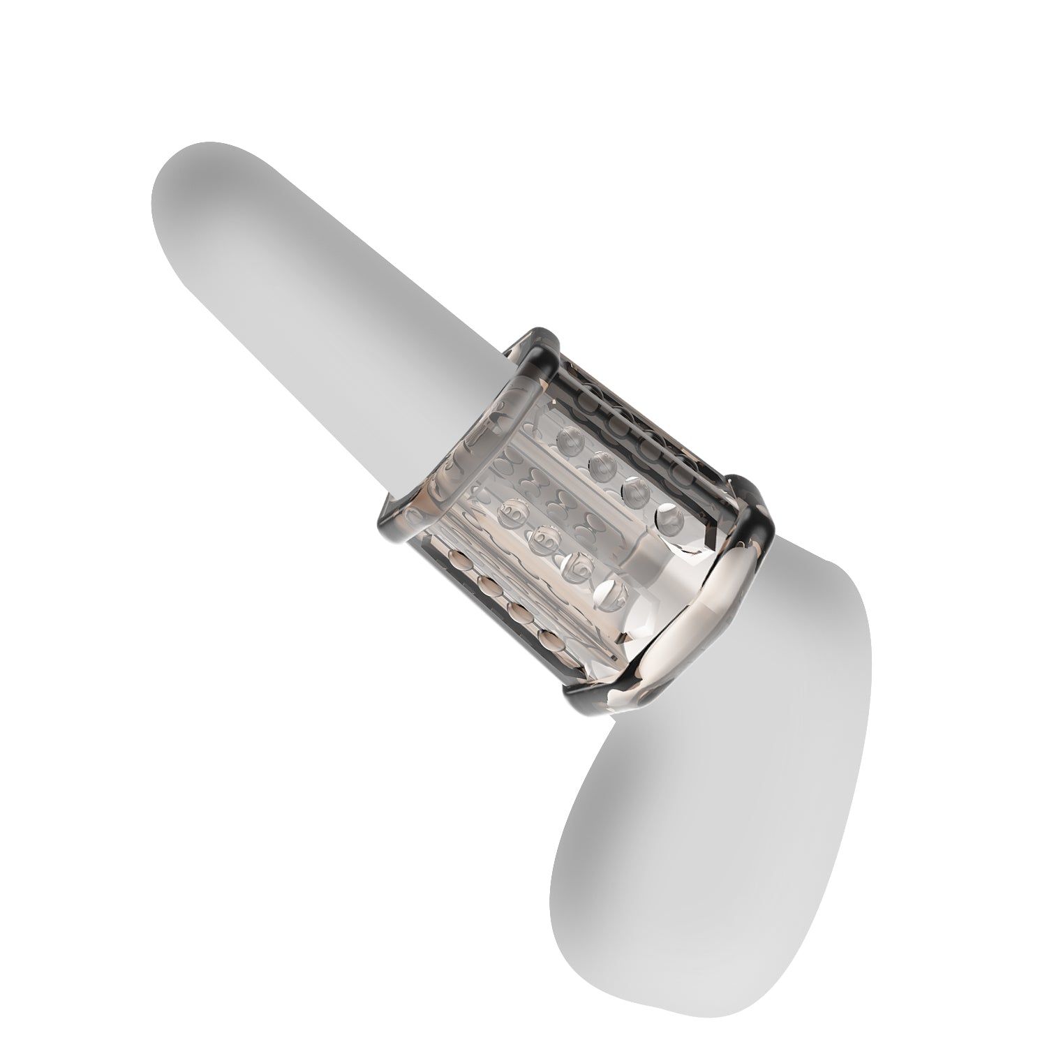 Prodotto trasparente su un oggetto cilindrico bianco. Accenti grigi.