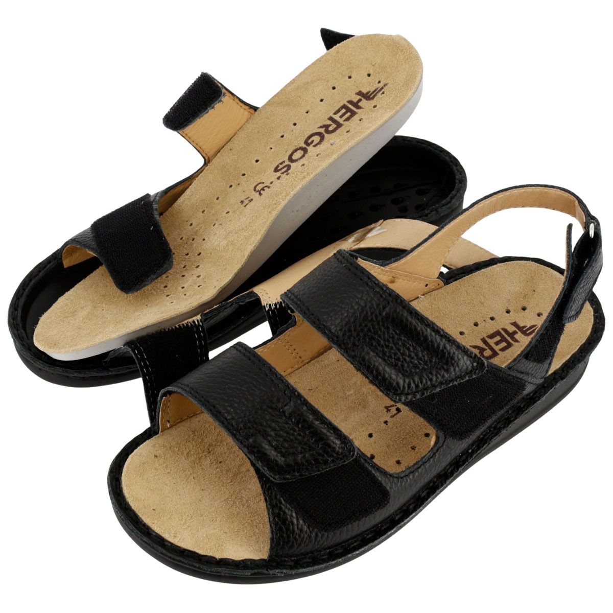 Sandalo nero da uomo con soletta estraibile. Chiusure a strappo. Logo del marchio sulla soletta. Suola nera.