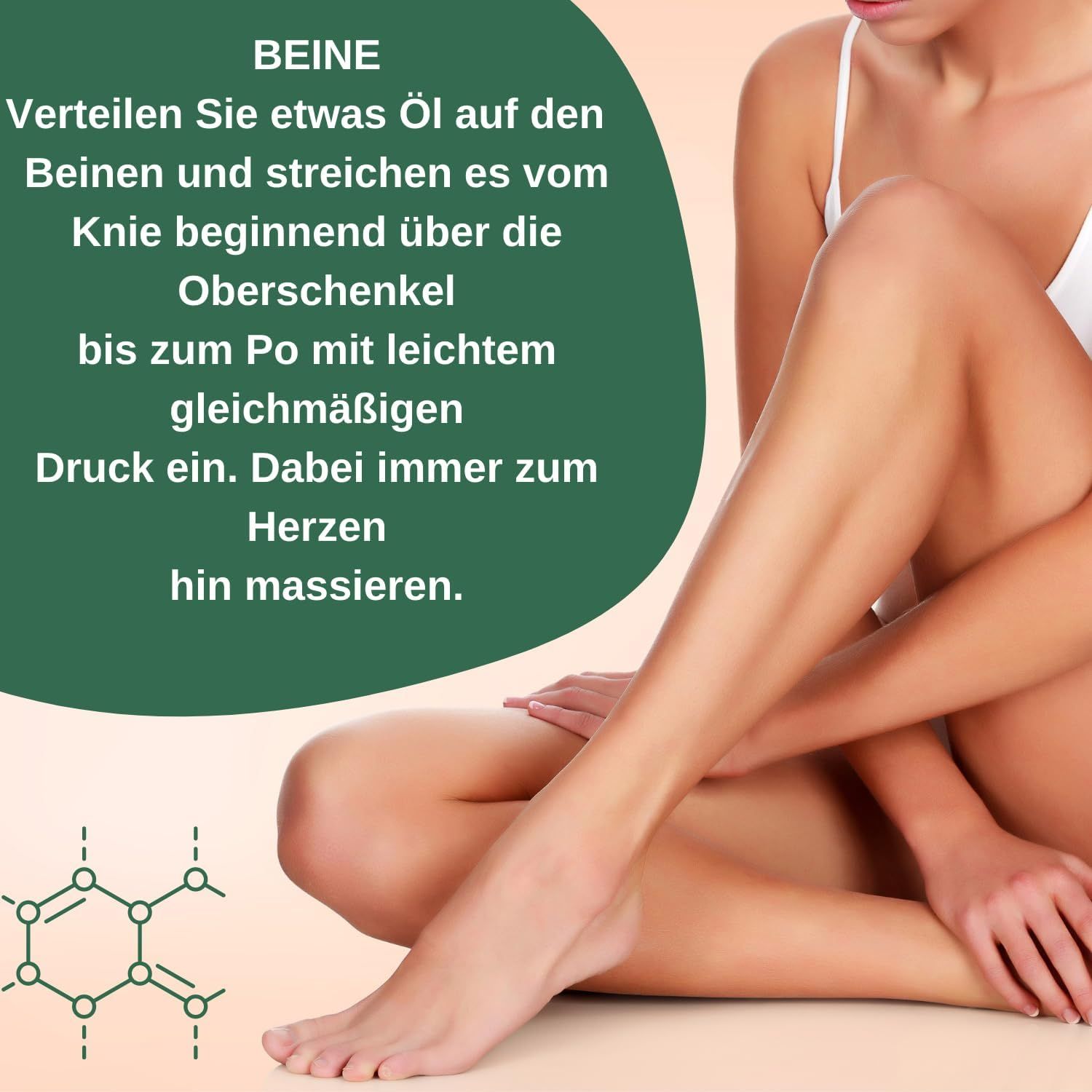 Gambe di donna. Testo: Distribuire l'olio sulle gambe, massaggiare dal ginocchio ai glutei. Formula chimica.