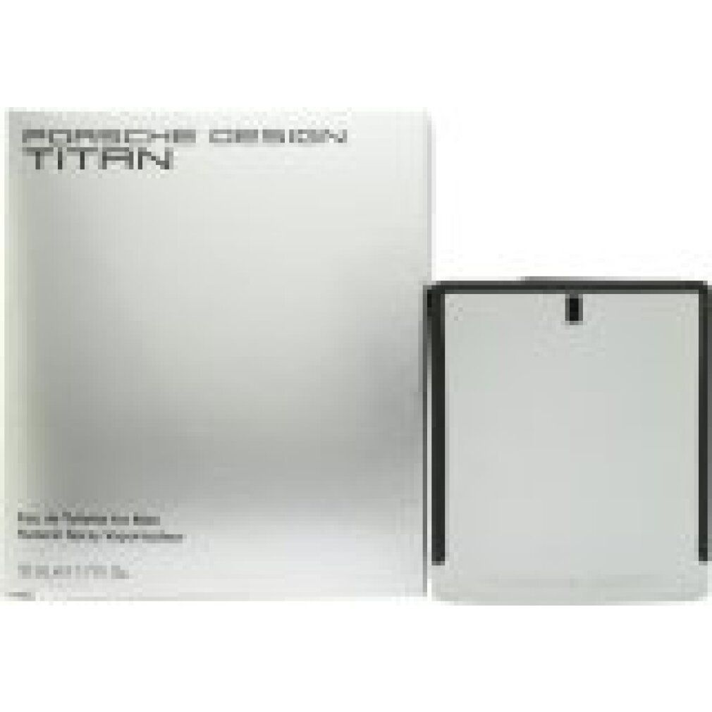 Flacone e confezione argentati. Tappo nero. Scritta: PORSCHE DESIGN TITAN. Testo: Eau de Toilette per Uomo.
