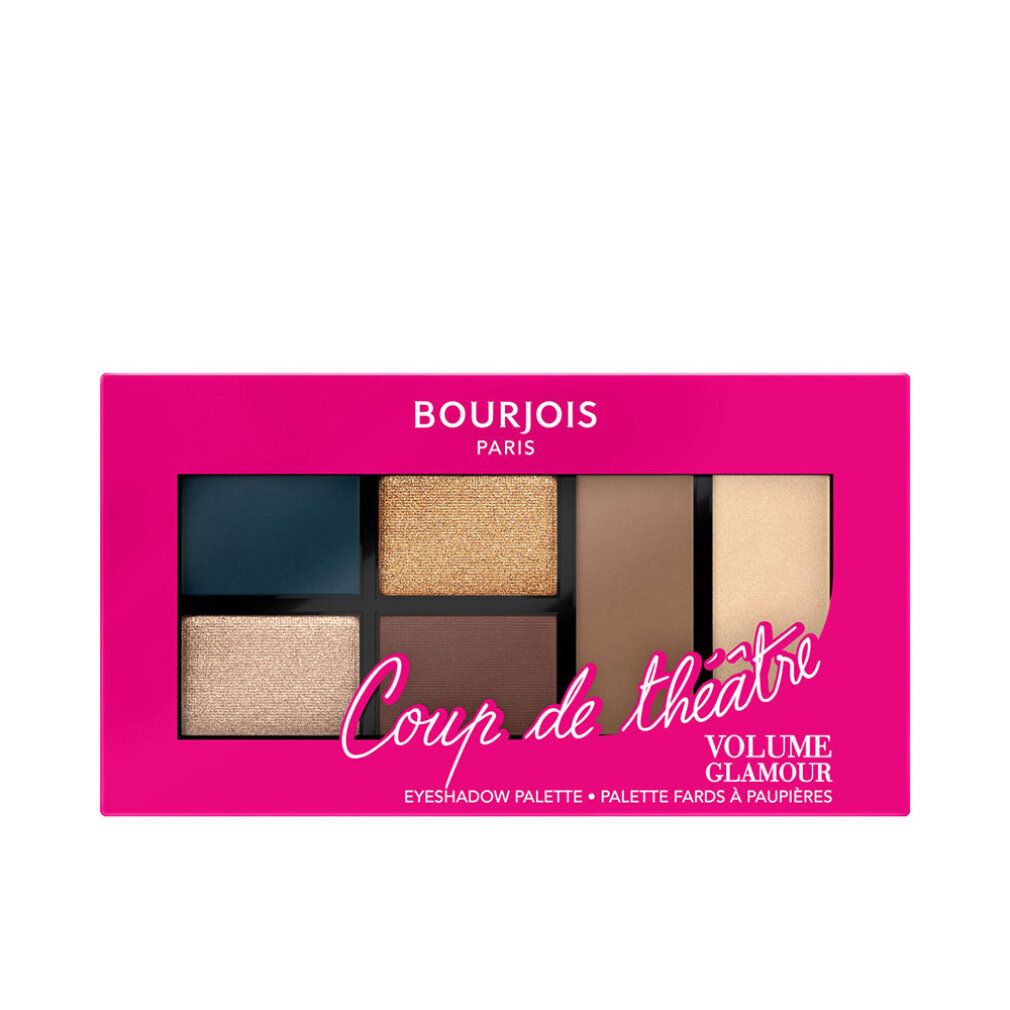 Palette ombretti con sei tonalità, confezione rosa. Scritte: Bourjois, Coup de théâtre, Volume Glamour.