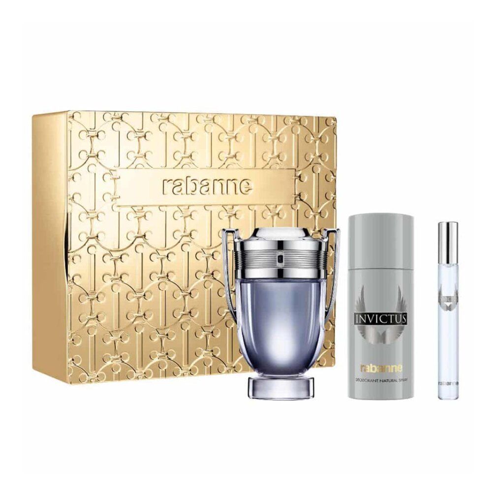 Set regalo con scatola dorata, flacone, deodorante e vaporizzatore. "rabanne" sulla scatola. "INVICTUS" sul deodorante.