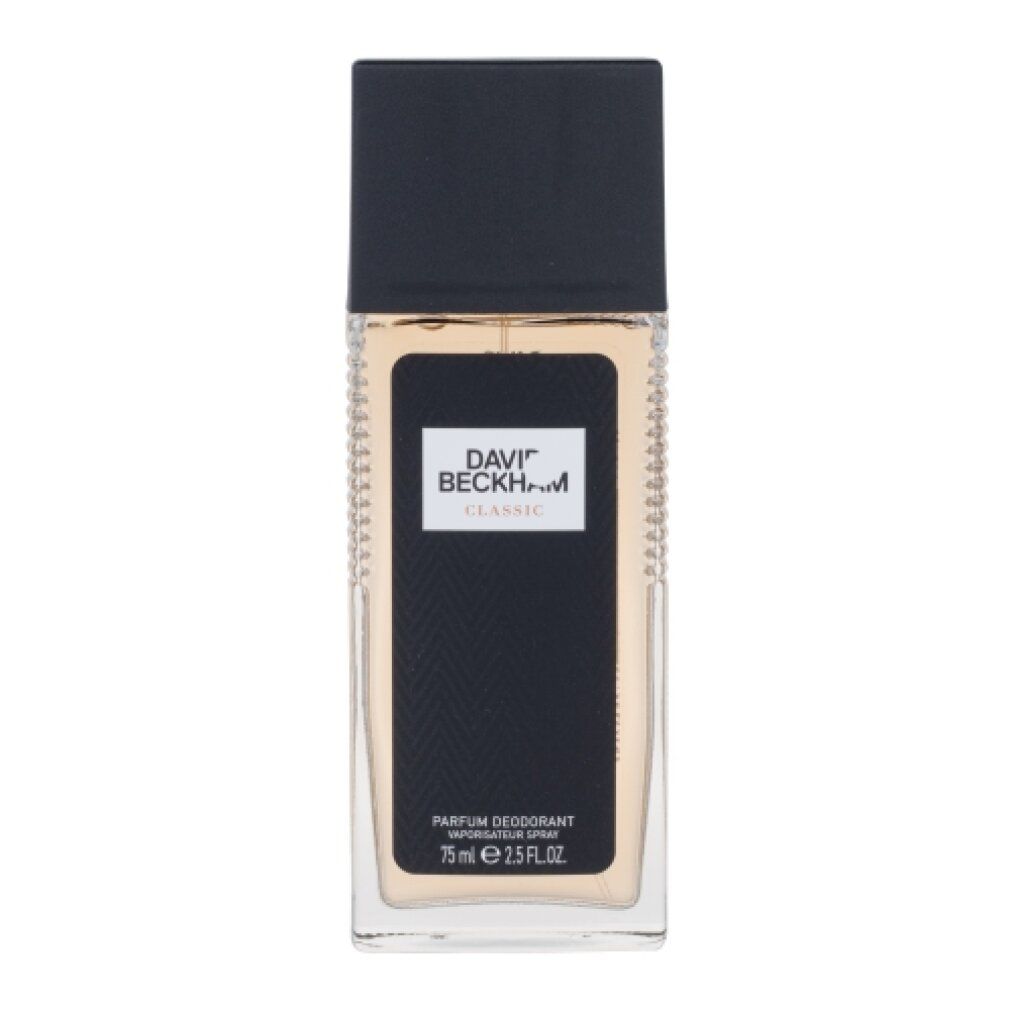 Spray deodorante con tappo nero ed etichetta rettangolare. Scritta: DAVID BECKHAM CLASSIC. 75 ml.