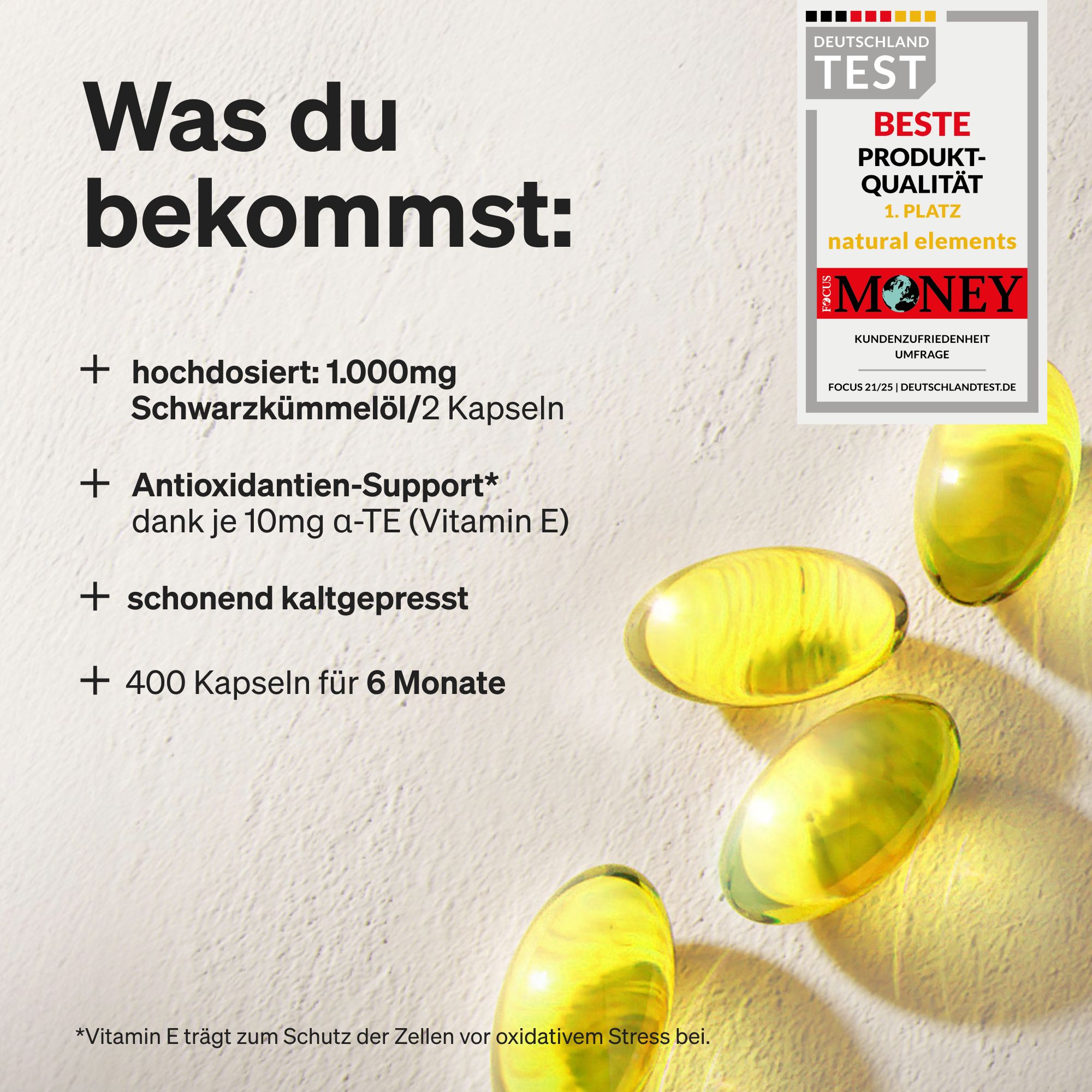Capsule gialle su sfondo chiaro. Scritta: Cosa ottieni: ad alta dose, 1.000 mg di olio di cumino nero/2 capsule. Migliore qualità.