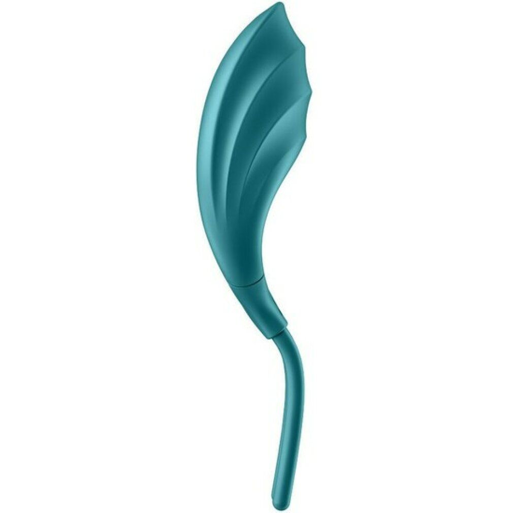 Vibratore ad anello verde a forma di foglia con superficie scanalata. Forma curva con due steli.