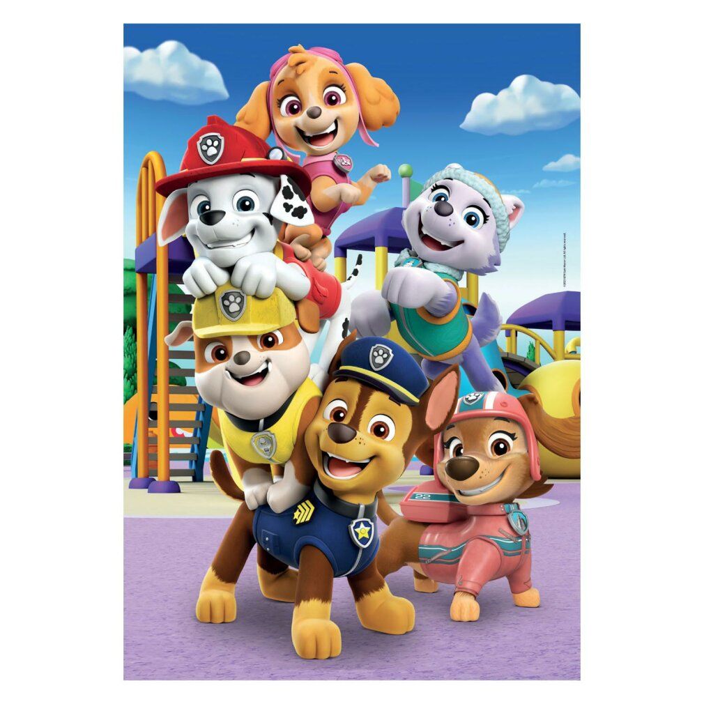 Motivo puzzle Paw Patrol. Personaggi Paw Patrol davanti a cielo blu e parco giochi.