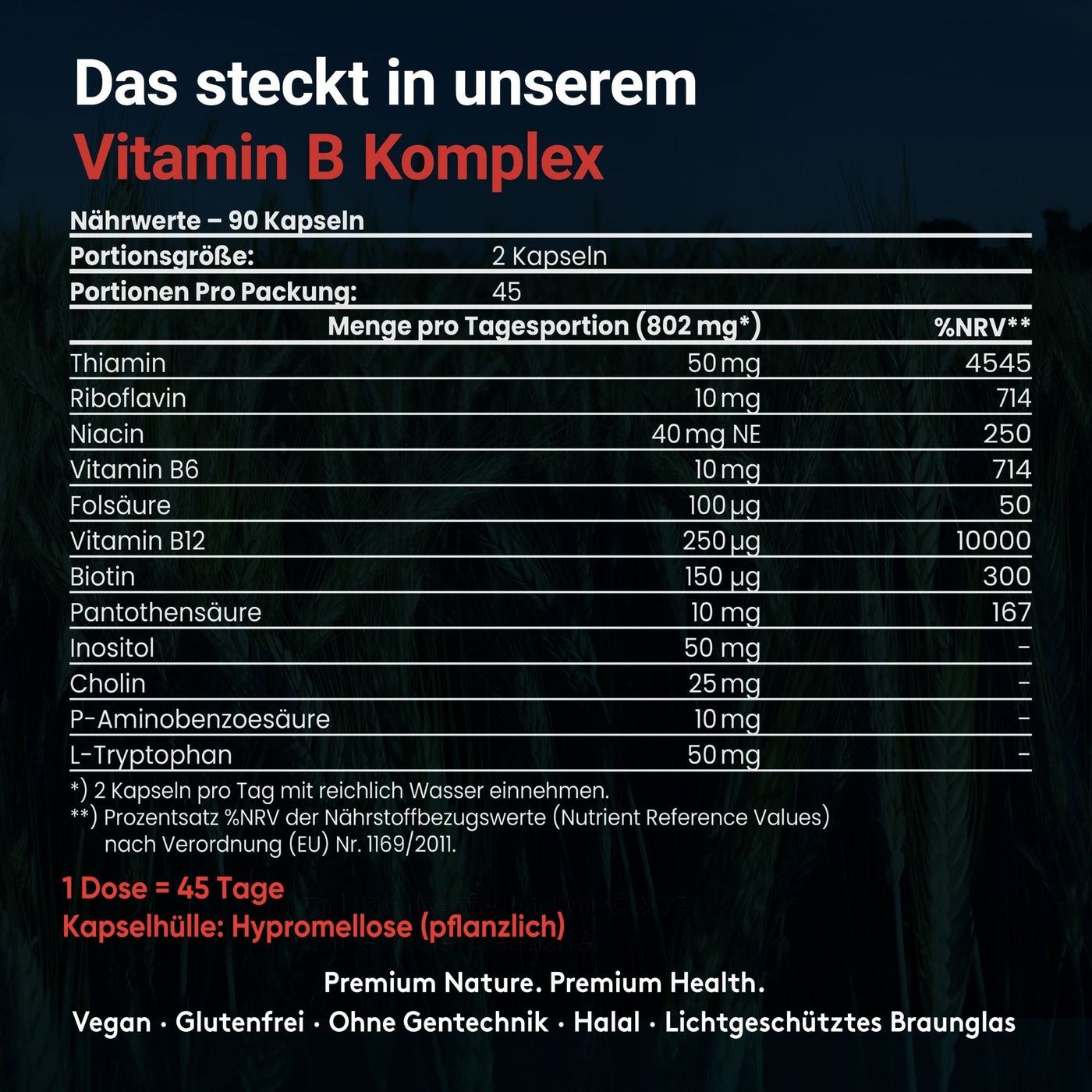 Tabella nutrizionale per Vitamin B Komplex. Contiene: Tiamina, Riboflavina, Niacina, Vitamina B6, Acido folico, Vitamina B12, Biotina, Acido pantotenico.