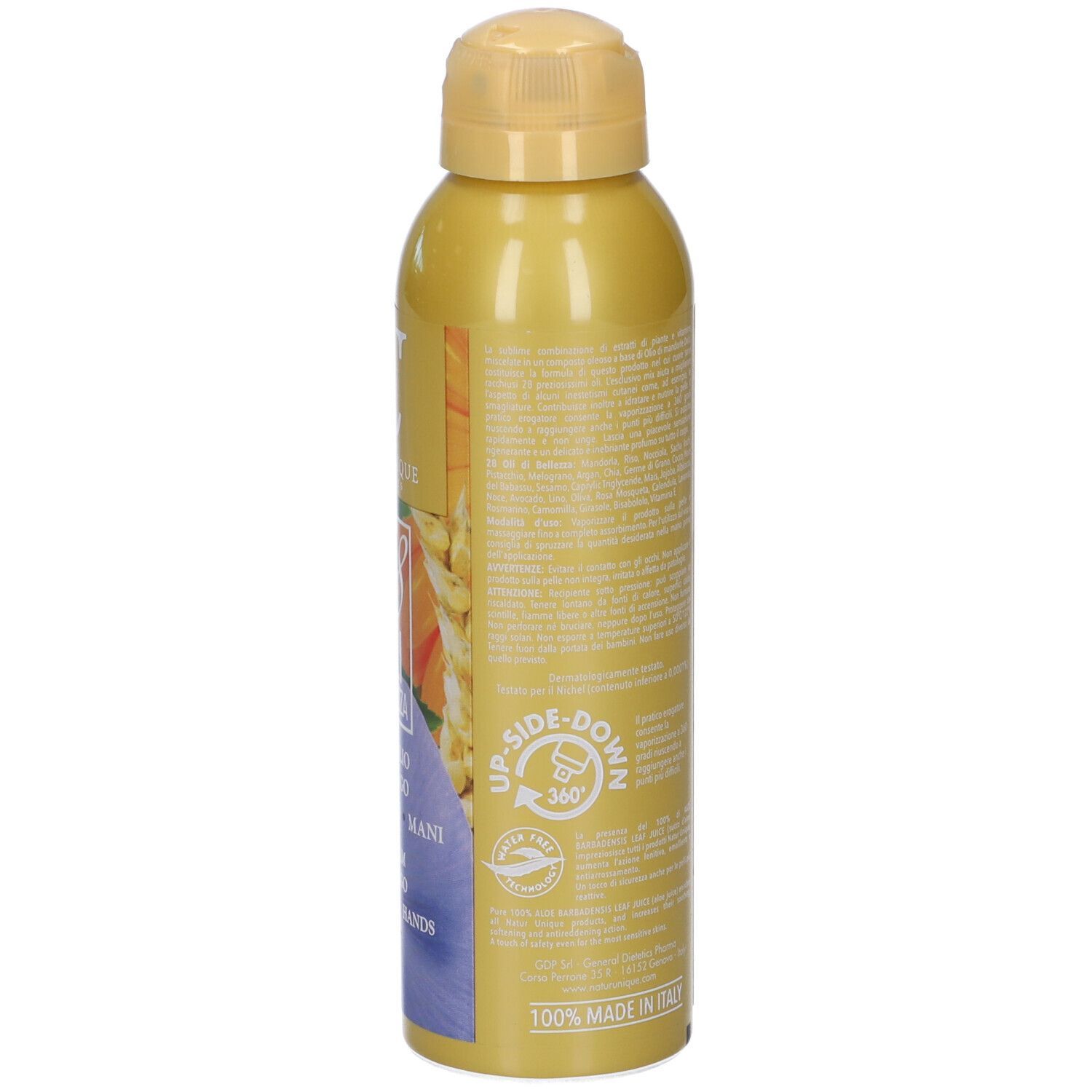 Flacone spray giallo con testo e loghi. Scritta: Natur Unique, 28 Oli di Bellezza, Spray & Go. Retro con testo e sigilli.