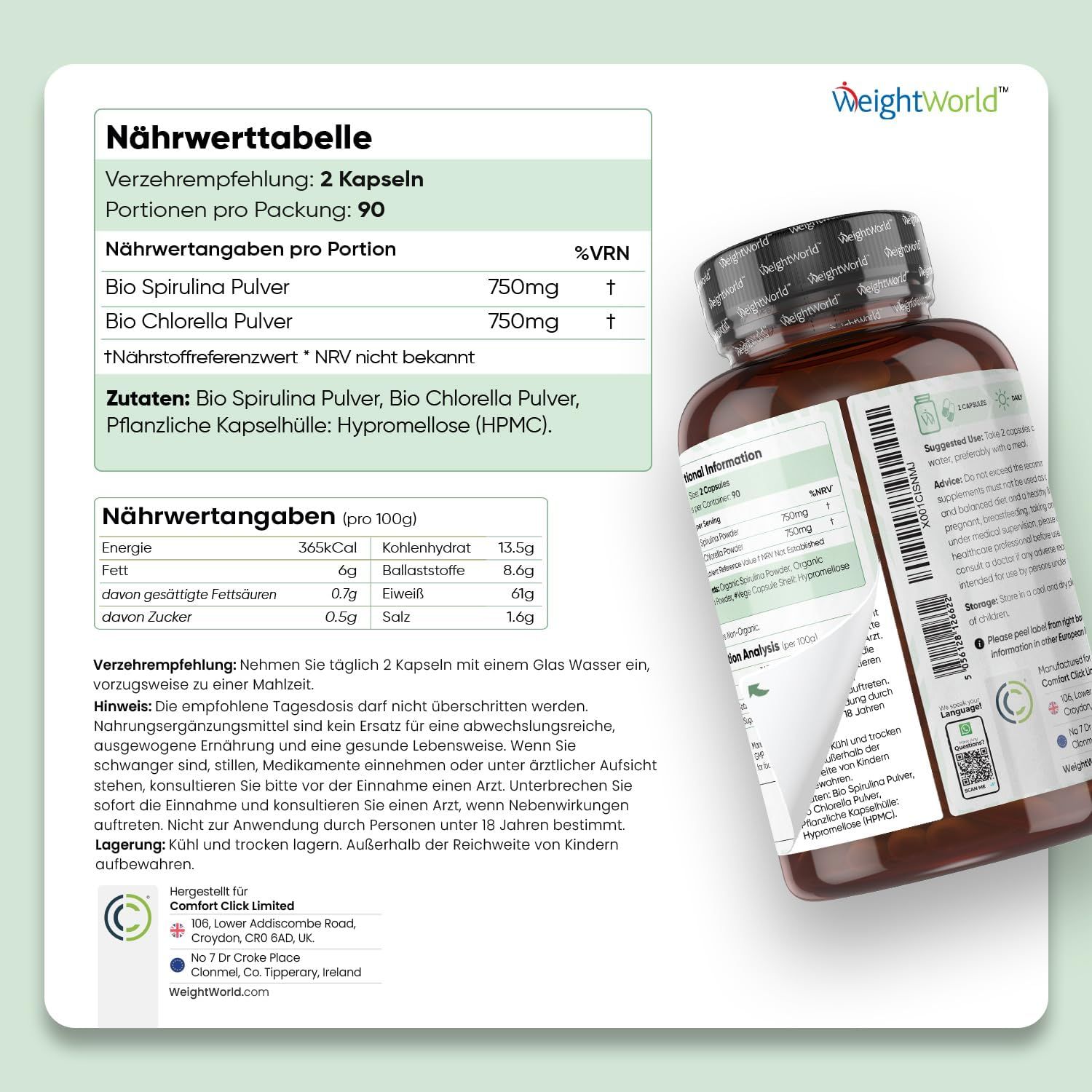 Tabella nutrizionale e flacone. Informazioni su valori nutrizionali, ingredienti e raccomandazioni. Testo: Assumere 2 capsule con acqua.