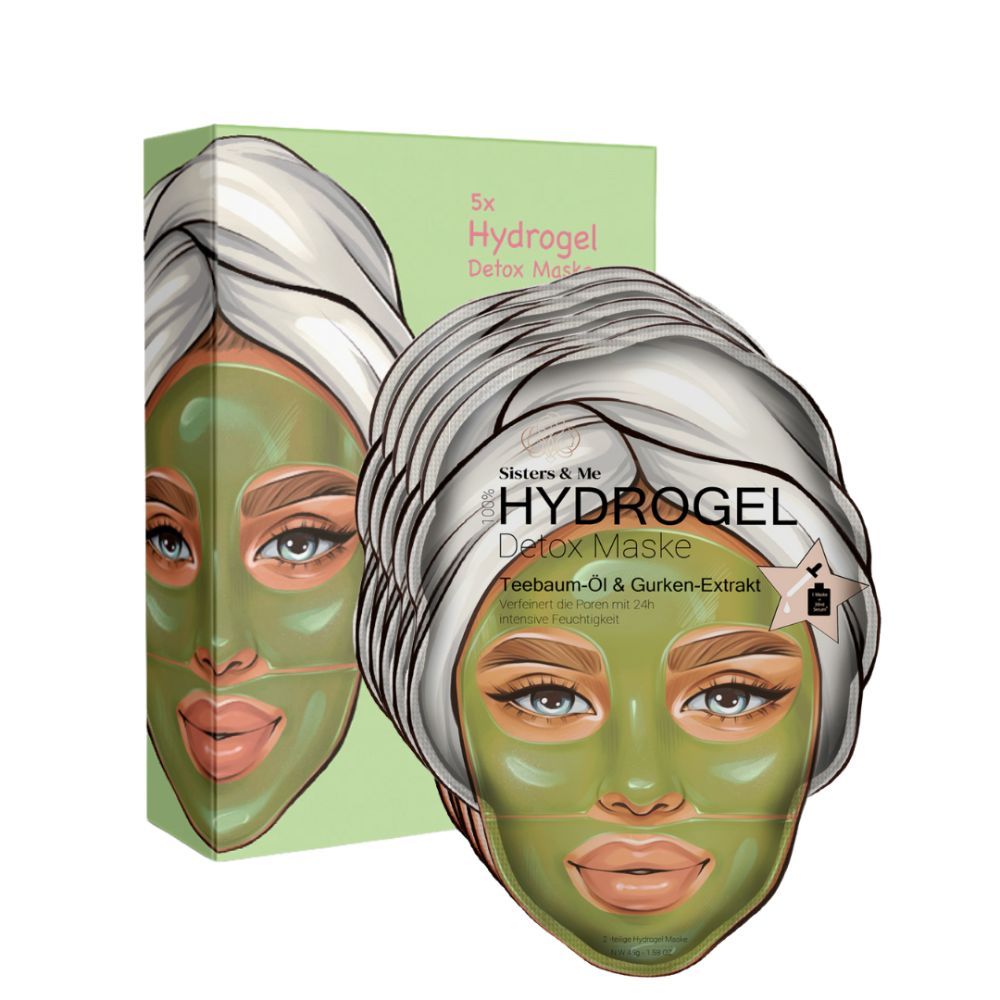 Confezione della maschera Hydrogel Detox. Stampa: 5x Hydrogel Detox Maske, Sisters & Me, olio di tea tree e estratto di cetriolo.