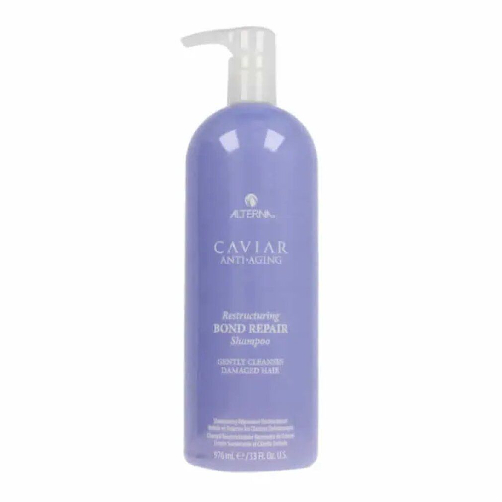 Flacone viola con dispenser a pompa, Alterna Caviar Anti-Aging Restructuring Bond Repair Shampoo.