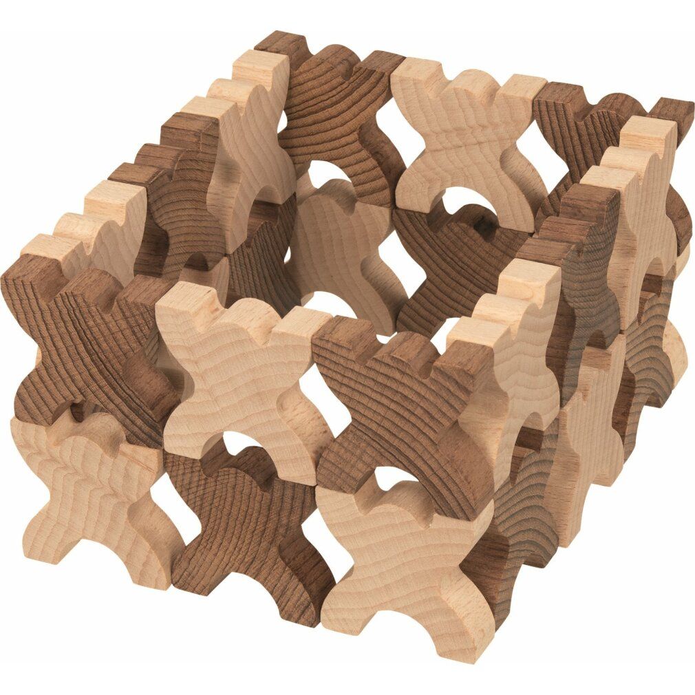 Figure in legno chiaro e marrone scuro, assemblate a cubo. Forma a X, per un gioco di equilibrio.