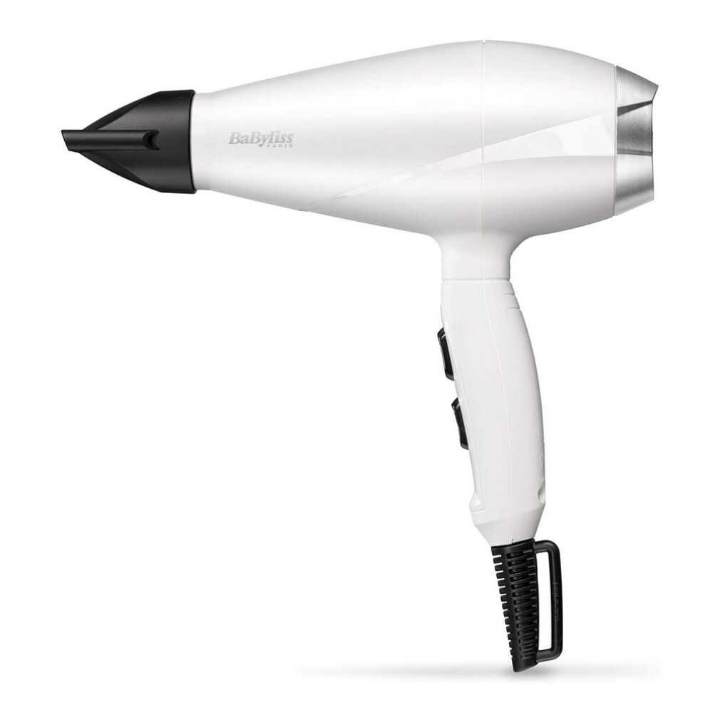 Asciugacapelli bianco con beccuccio e impugnatura neri. Marchio BaByliss. Due interruttori sull'impugnatura.