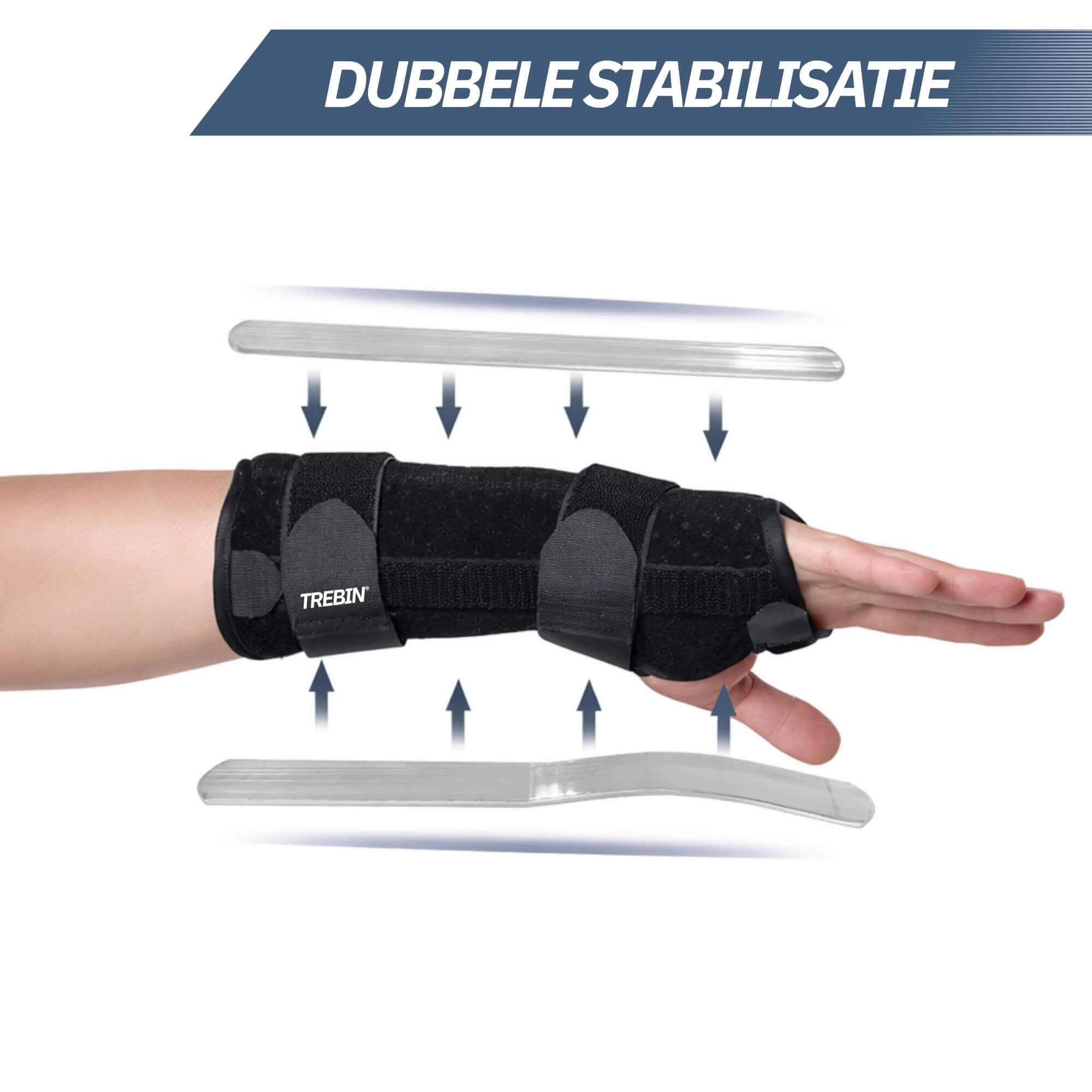 Tutore nero per polso con due stecche metalliche stabilizzanti.