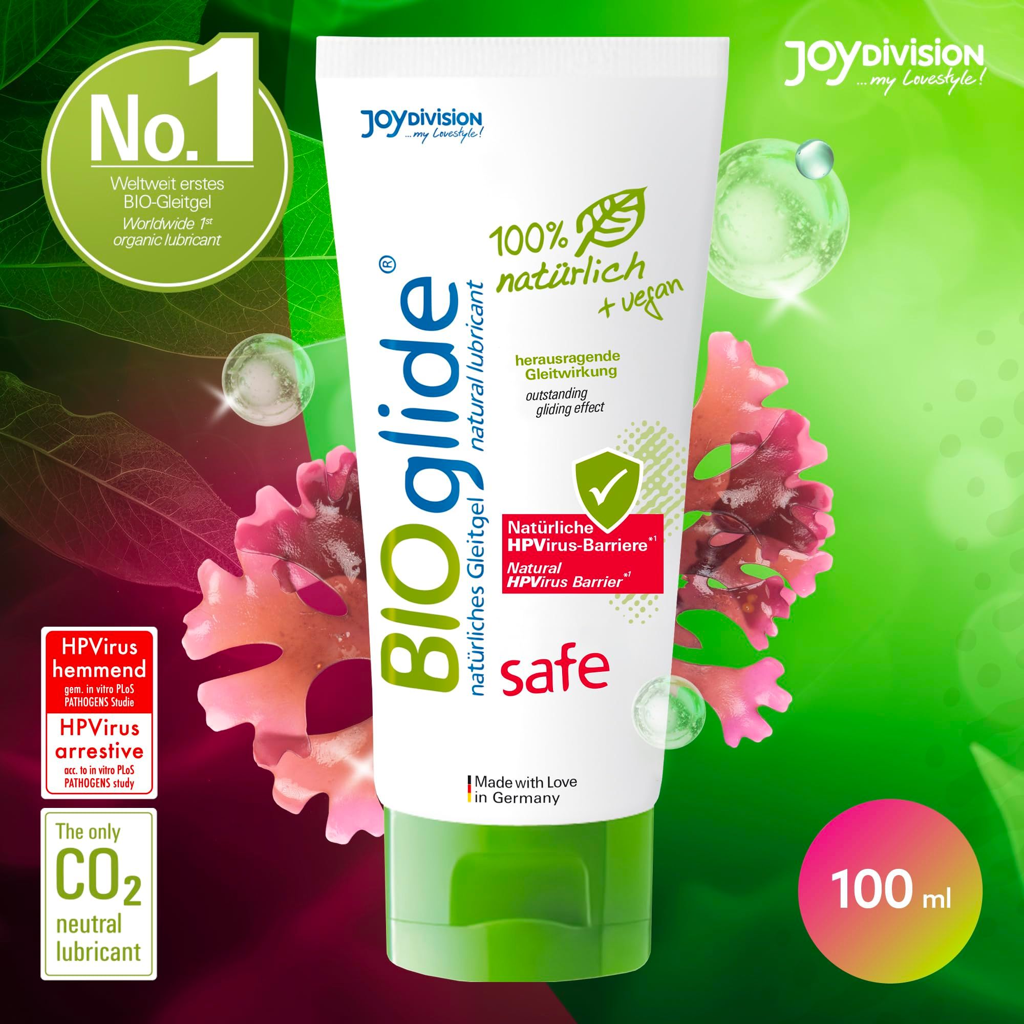 Tubo bianco con tappo a vite verde. Logo BIOglide, '100% naturale + vegan', 'safe Carrageen'.
