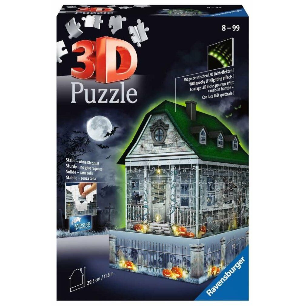 Puzzle 3D Gruselhaus bei Nacht. Puzzle casa con tetto verde, recinzioni e zucche. Confezione con nome e logo.