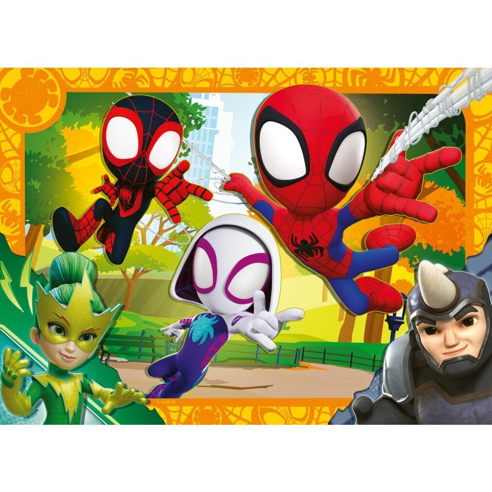 Puzzle con personaggi Spidey. Spiderman, Miles Morales, Gwen Stacy e altri. Paesaggio urbano sullo sfondo. Cornice a ragnatela.
