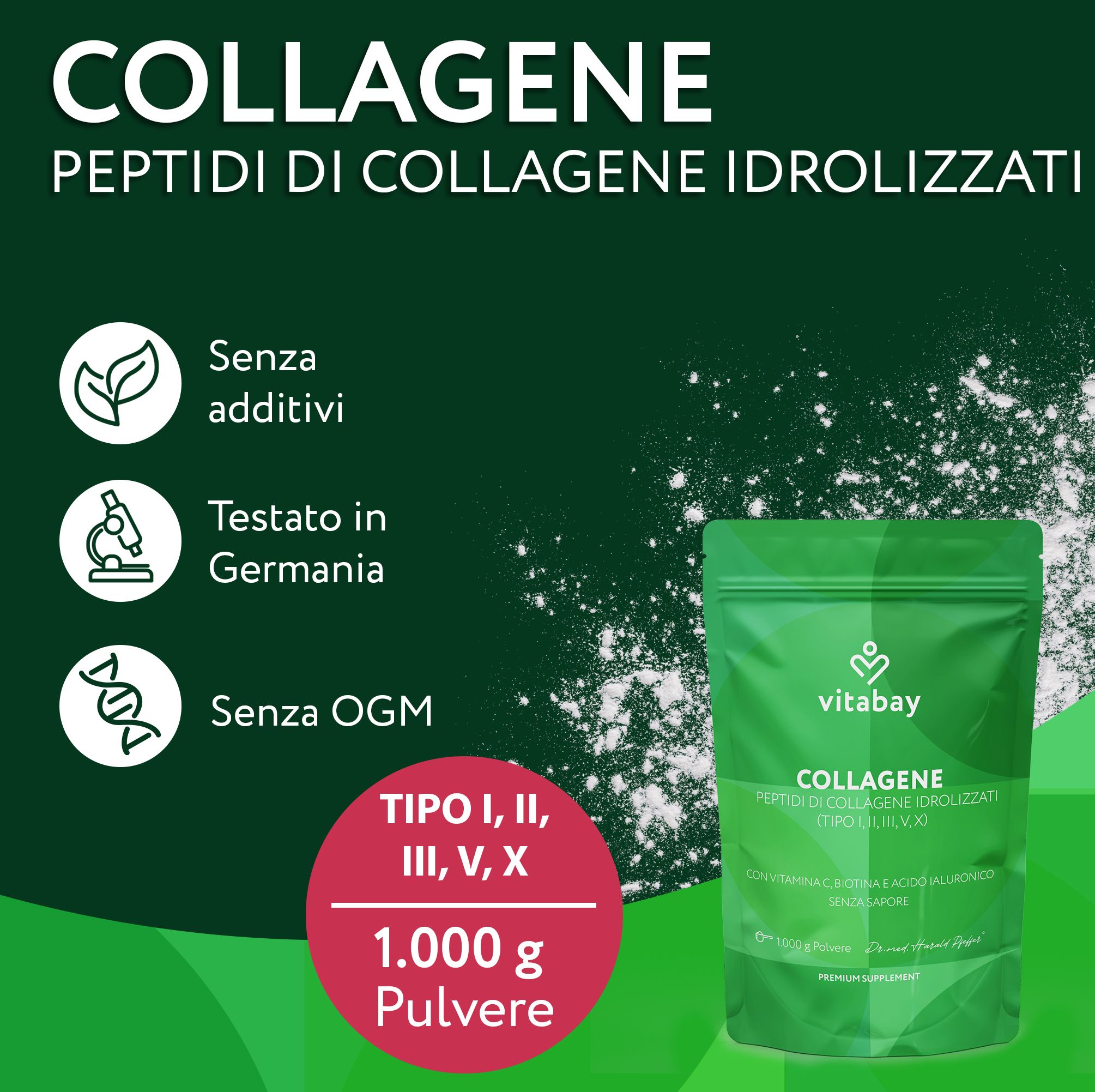 Polvere Vitabay Collagen: Tipo I, II, III, V, X. Senza additivi, testato in Germania, senza OGM. 1000g.