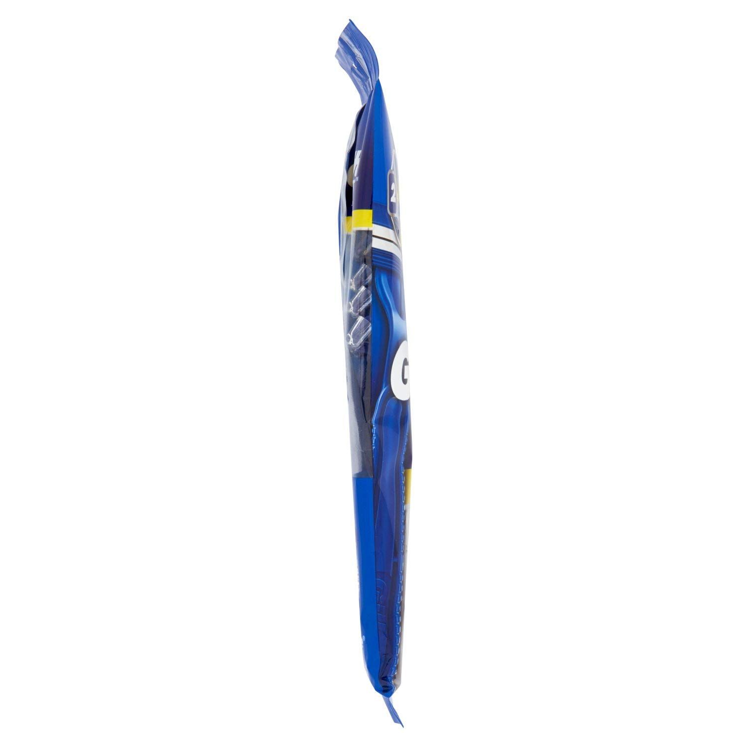 Confezione blu, vista laterale. Scritta: Gillette. Area gialla con testo. Contiene rasoi.