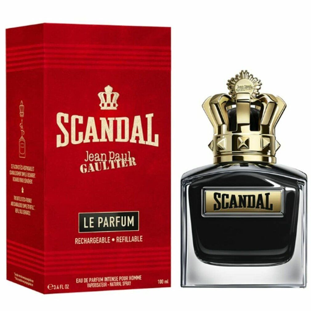 Flacone nero con corona dorata e scritta SCANDAL. Scatola rossa con logo e scritta SCANDAL Jean Paul Gaultier.