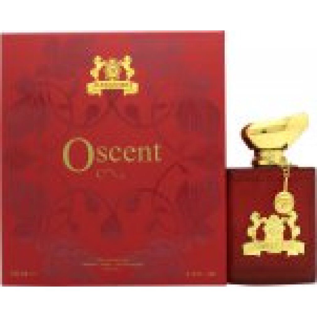 Flacone di profumo rosso e confezione. Dettagli dorati. Scritta 'Oscent'.